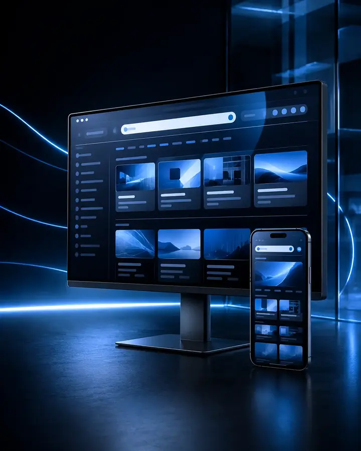 Futuristic desktop computer and smartphone displaying website search and browsing interfaces