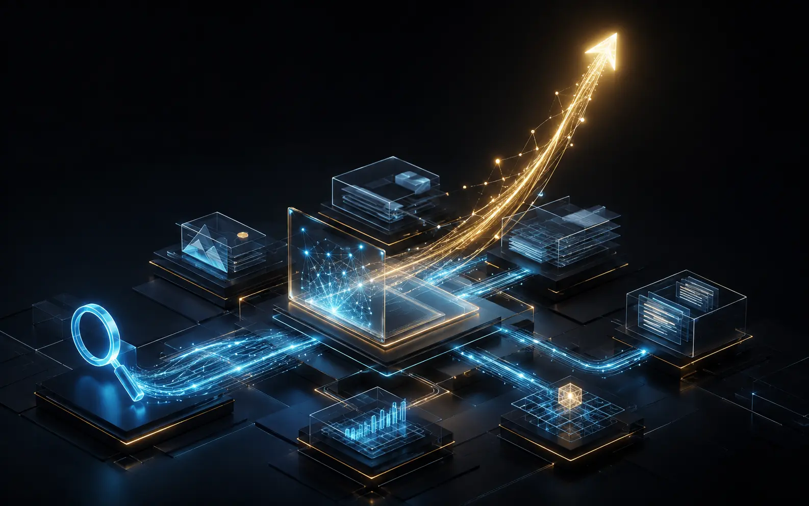 Luminous search pathways and connected content signals representing organic discovery